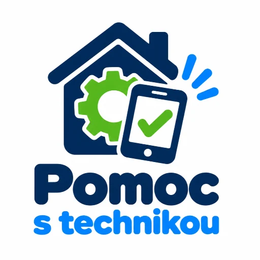 Logo Pomoc s technikou – dům, ozubené kolo a telefon se zeleným potvrzením